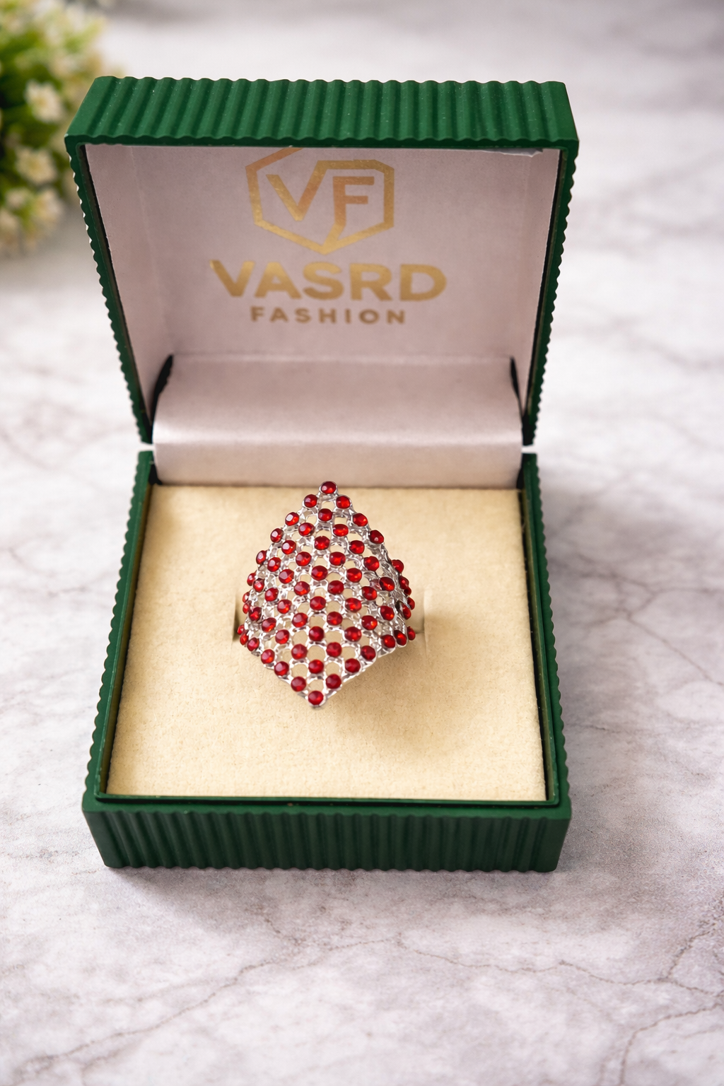 Red Crystal Diamond Shape Statement Cocktail Ring for Women