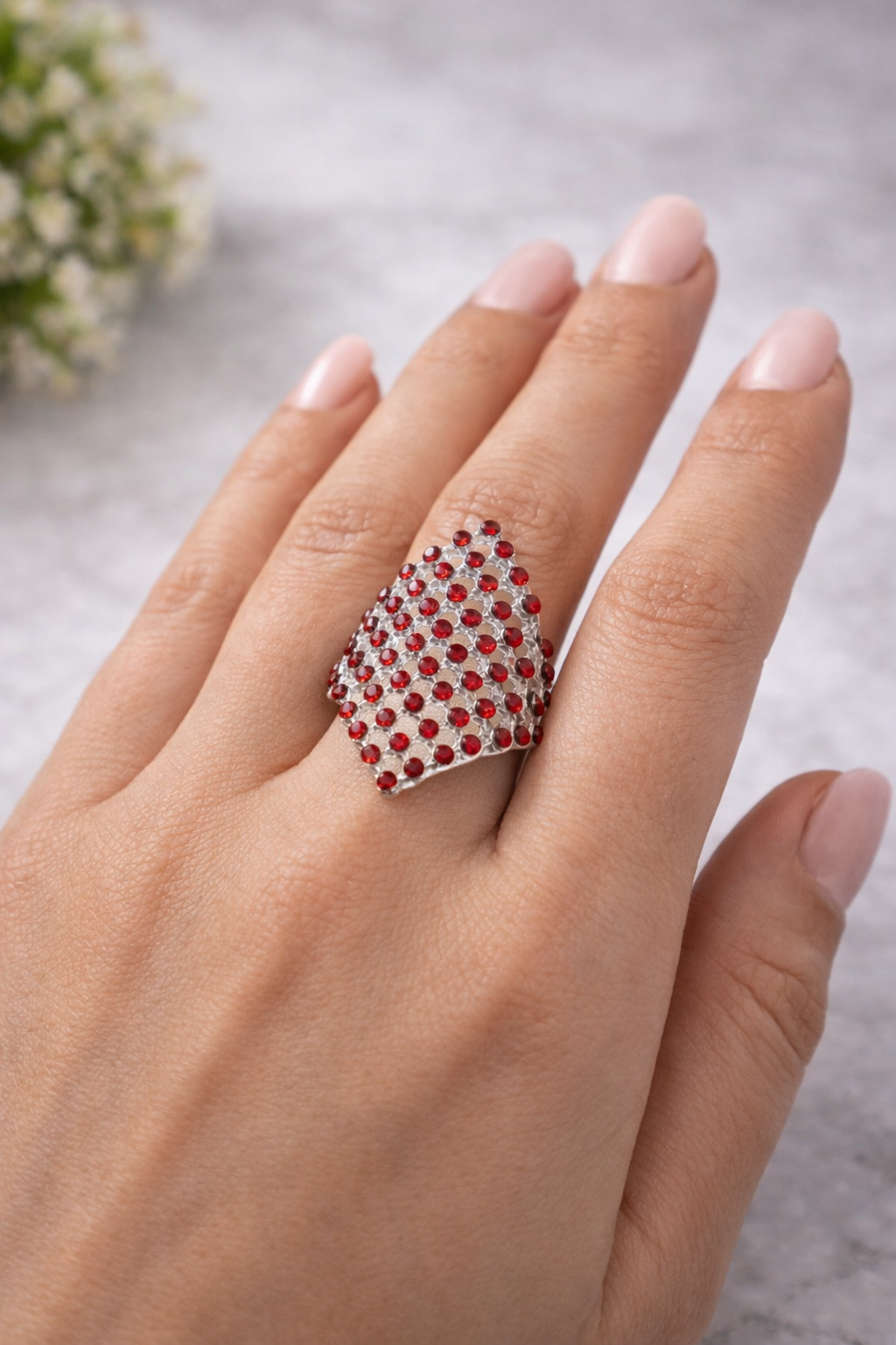 Red Crystal Diamond Shape Statement Cocktail Ring for Women