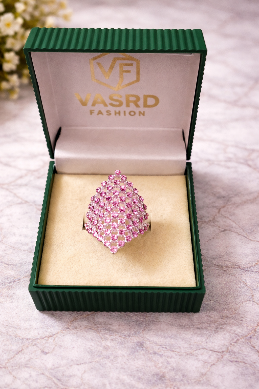 Pink Crystal Diamond Shape Statement Cocktail Ring for Women