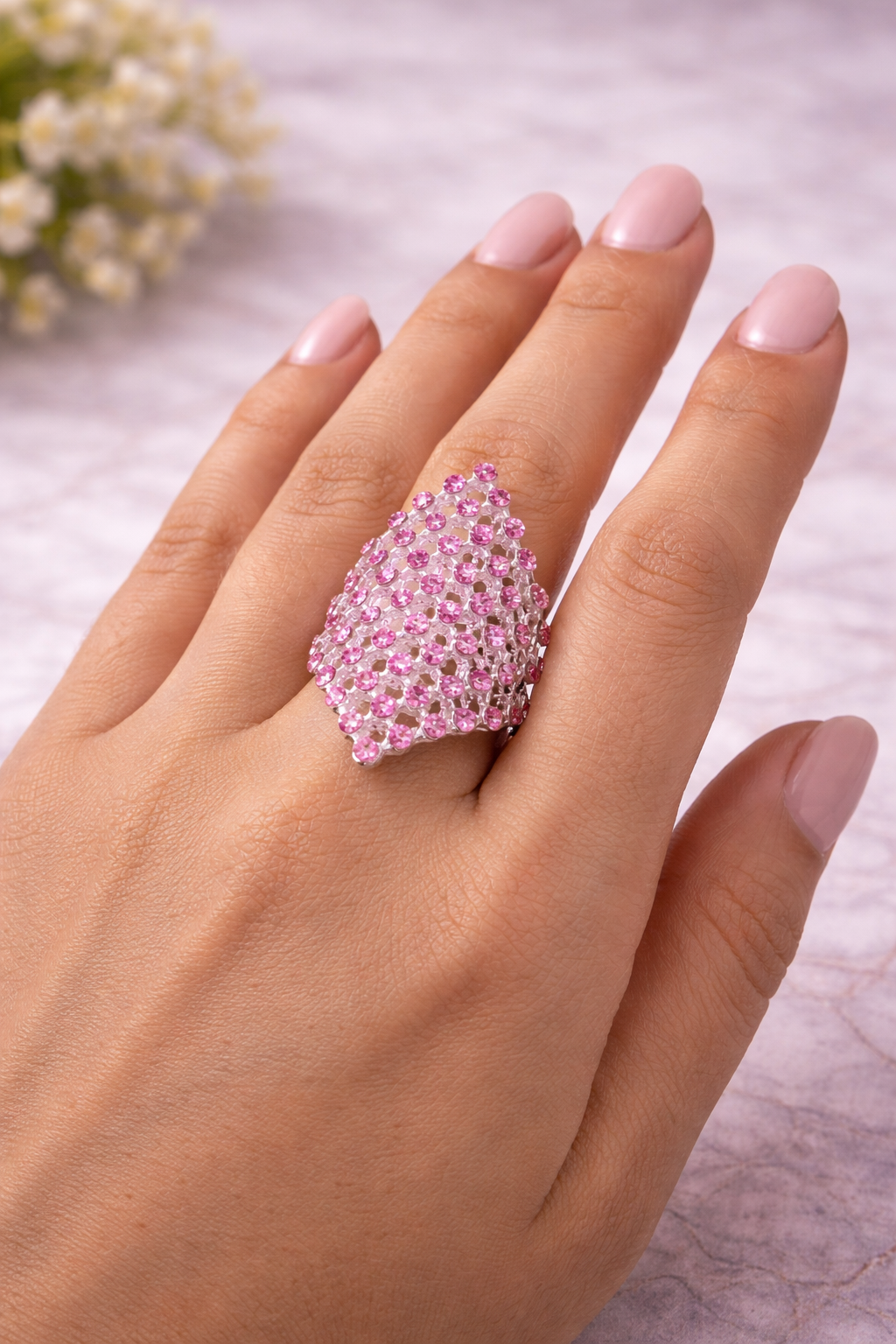 Pink Crystal Diamond Shape Statement Cocktail Ring for Women