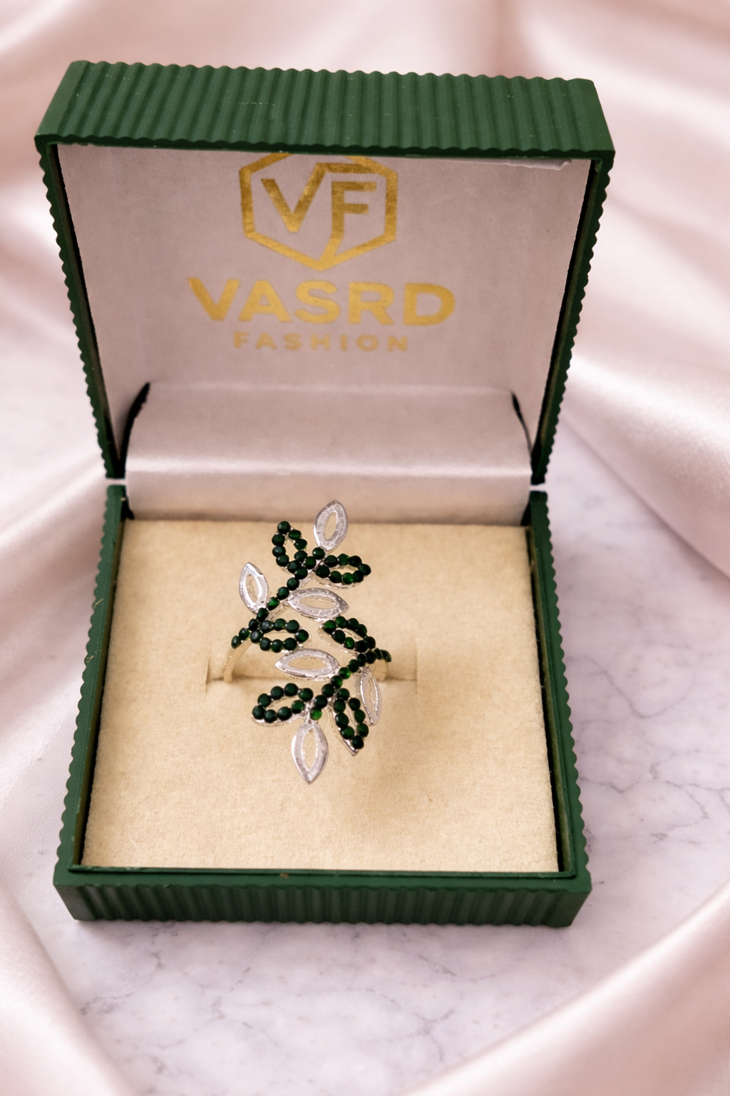 Elegant Green Leaf Crystal Adjustable Ring for Women