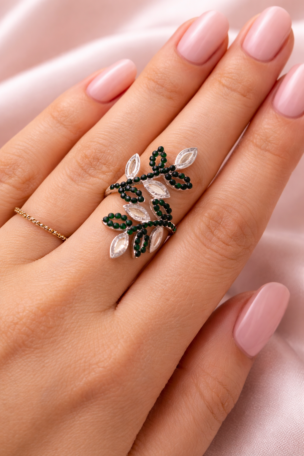 Green Leaf Design Crystal Statement Ring for Women