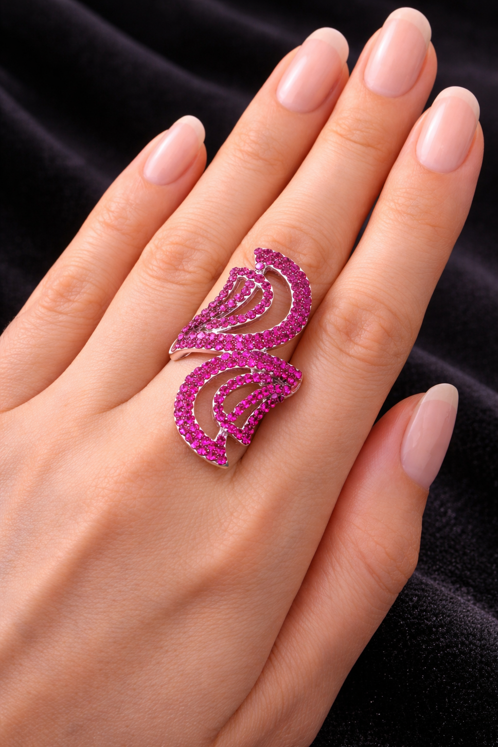 Pink Crystal Leaf Swirl Statement Ring
