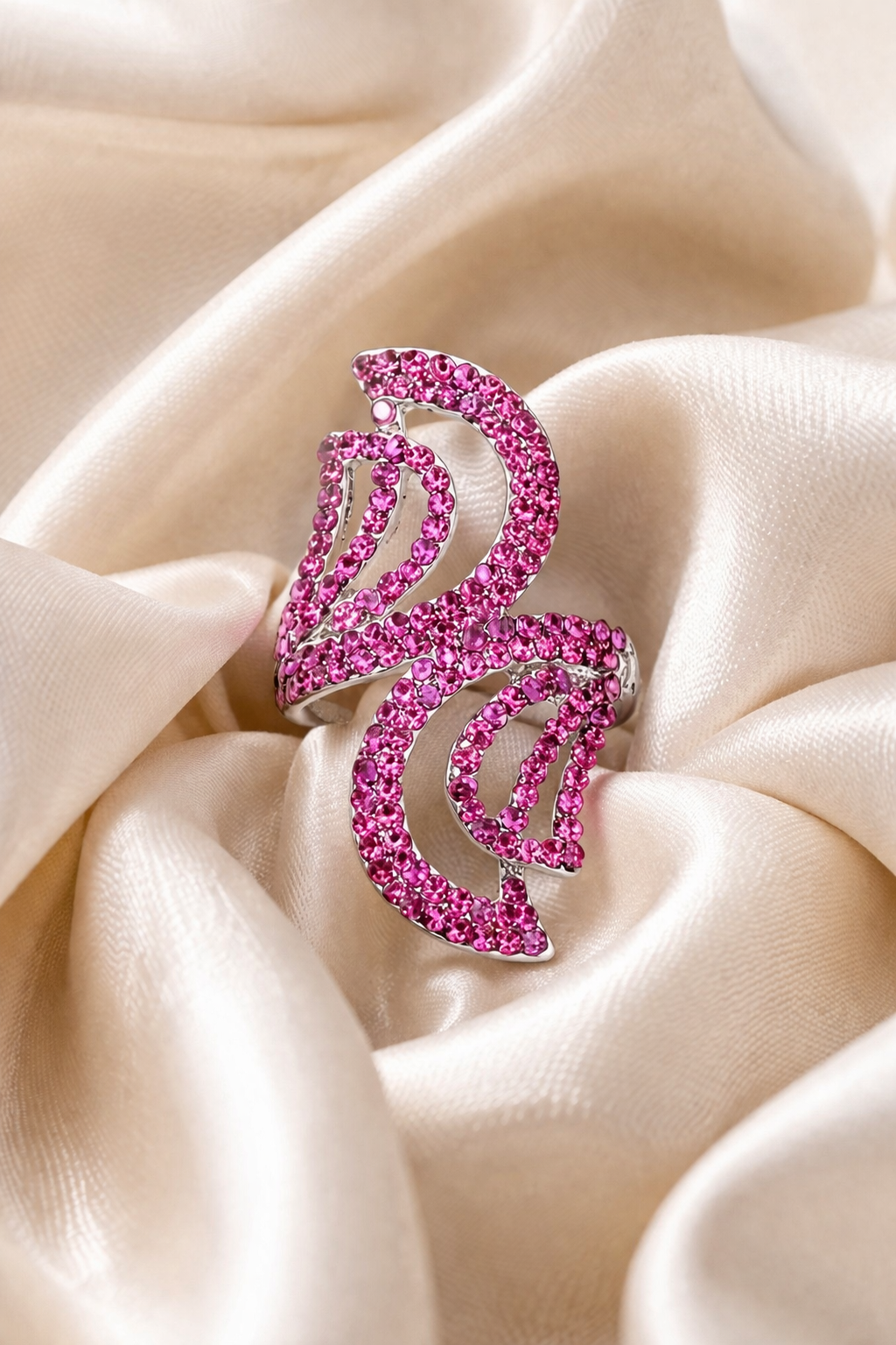 Pink Crystal Leaf Swirl Statement Ring