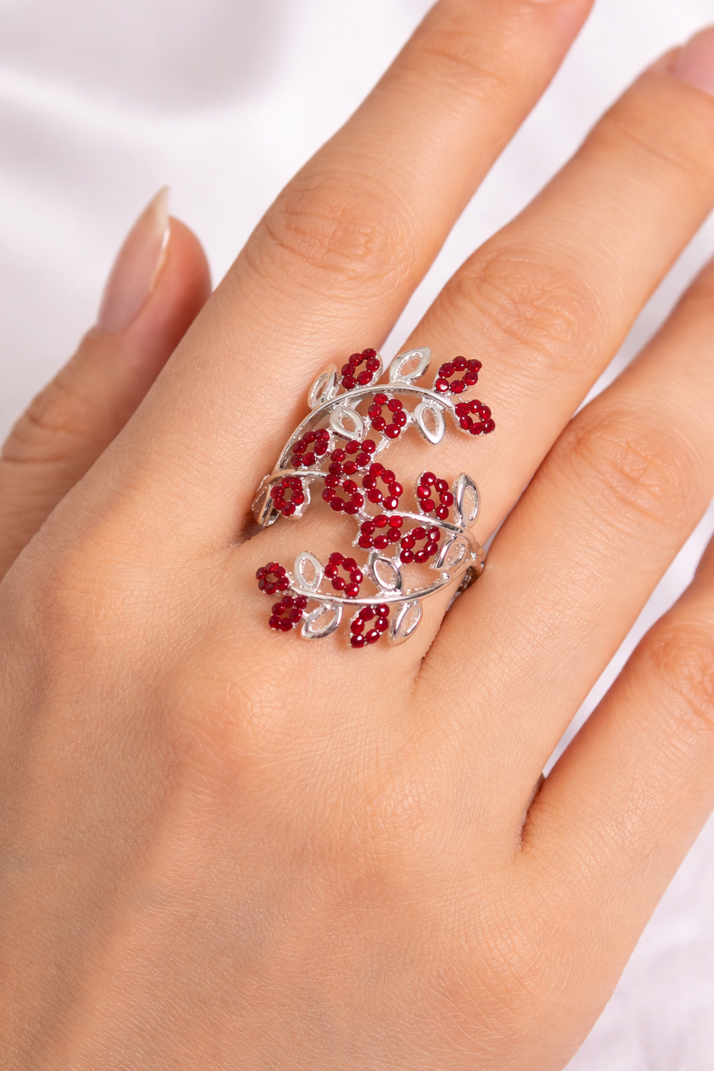 Elegant Ruby Red Floral Vine Wrap Ring for Women