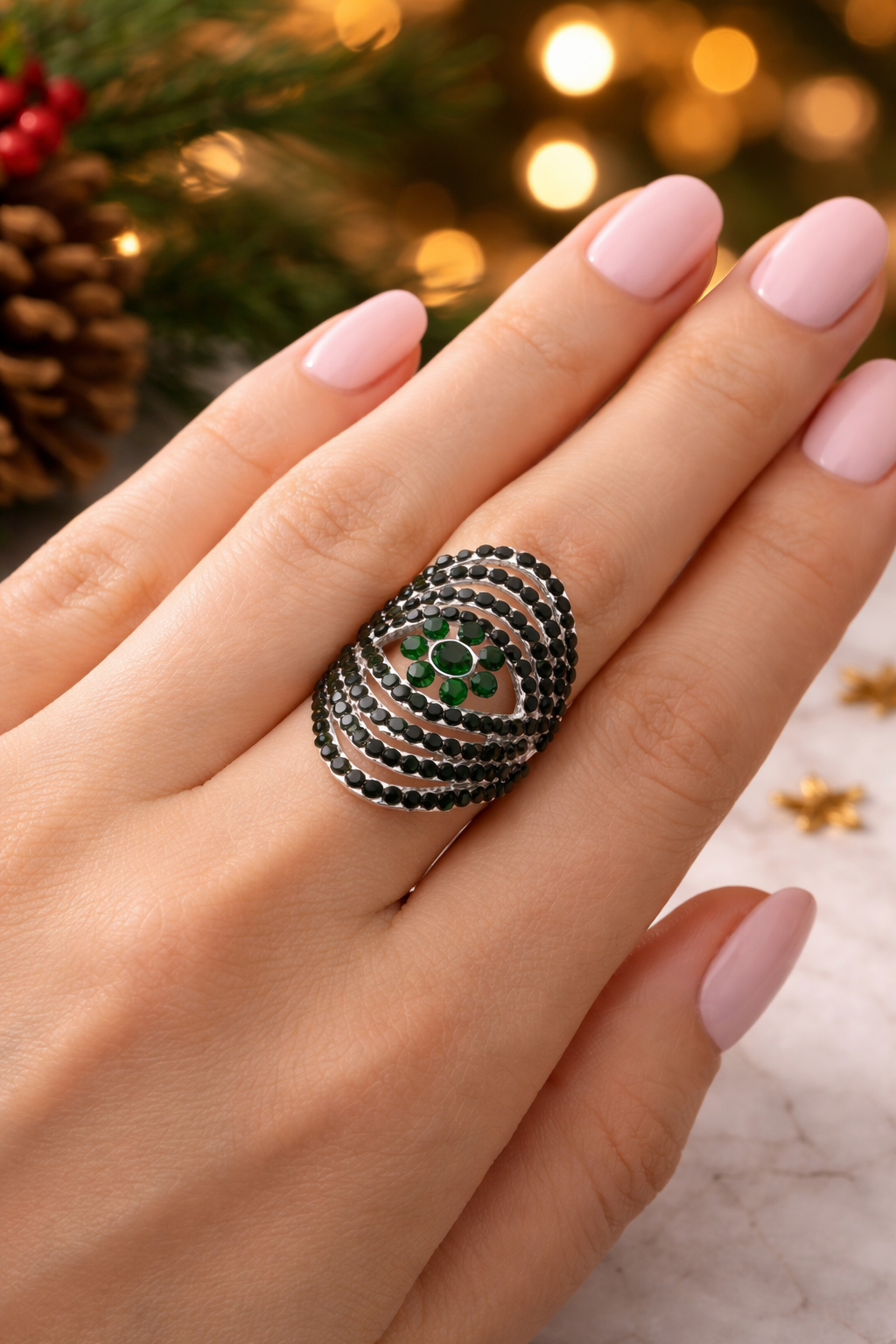 Elegant Green Crystal Statement Ring