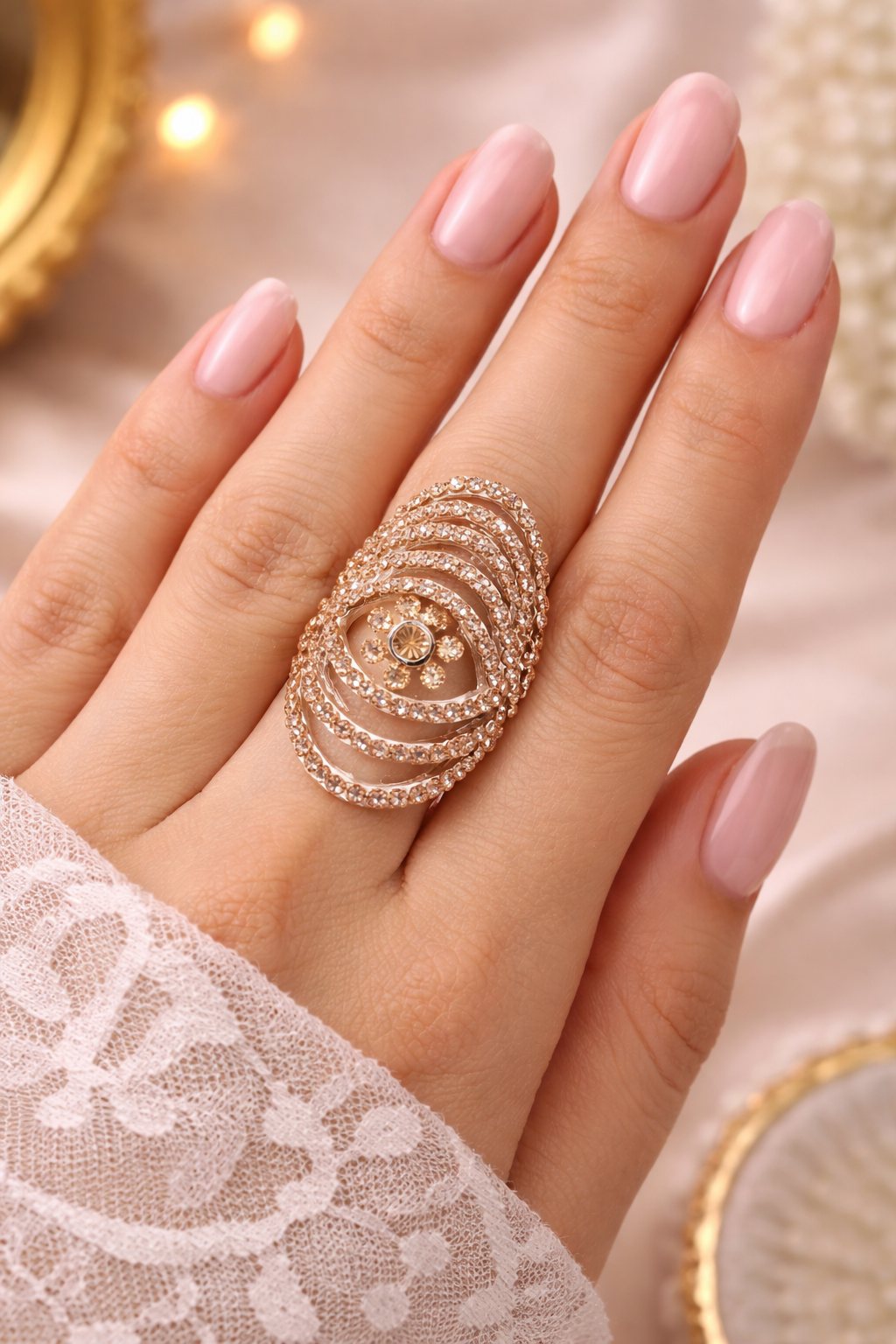 Elegant Rose Gold Champagne Crystal Spiral Statement Ring for Women