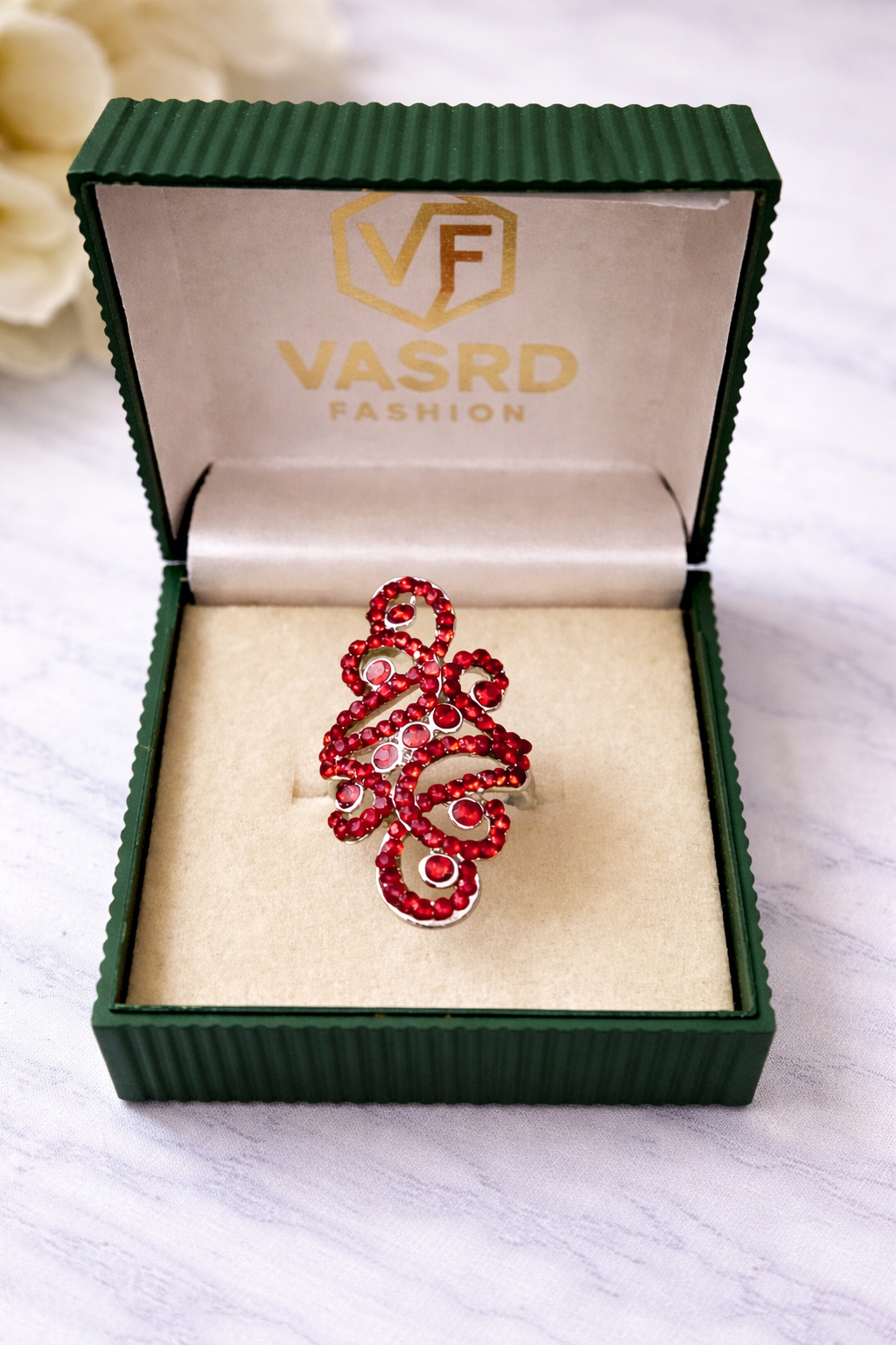 Elegant Ruby Red Crystal Swirl Statement Ring for Women