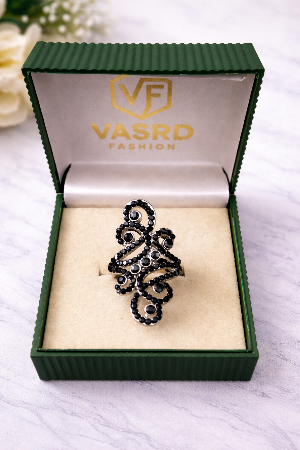 Black Crystal Swirl Statement Ring for Women