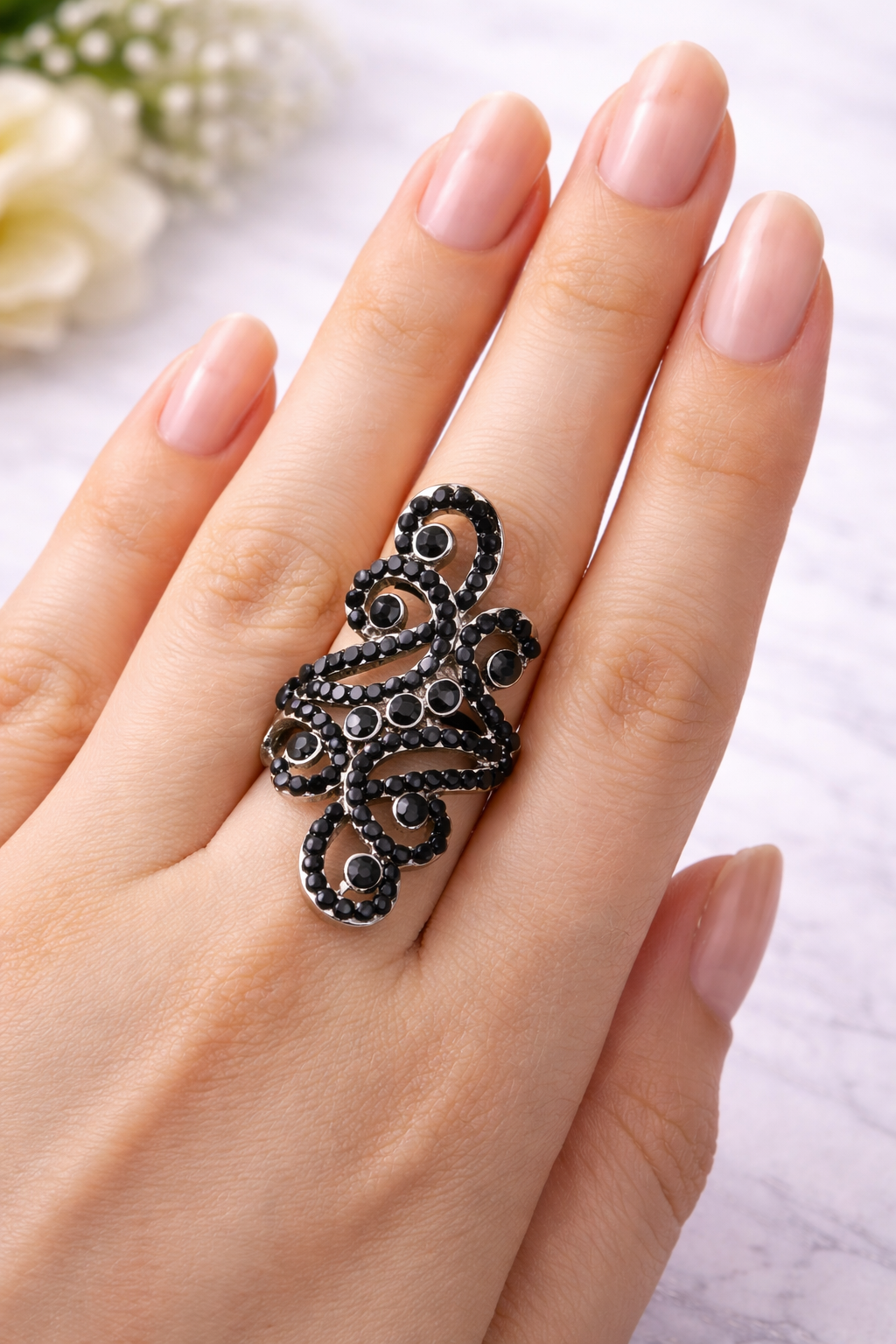 Black Crystal Swirl Statement Ring for Women