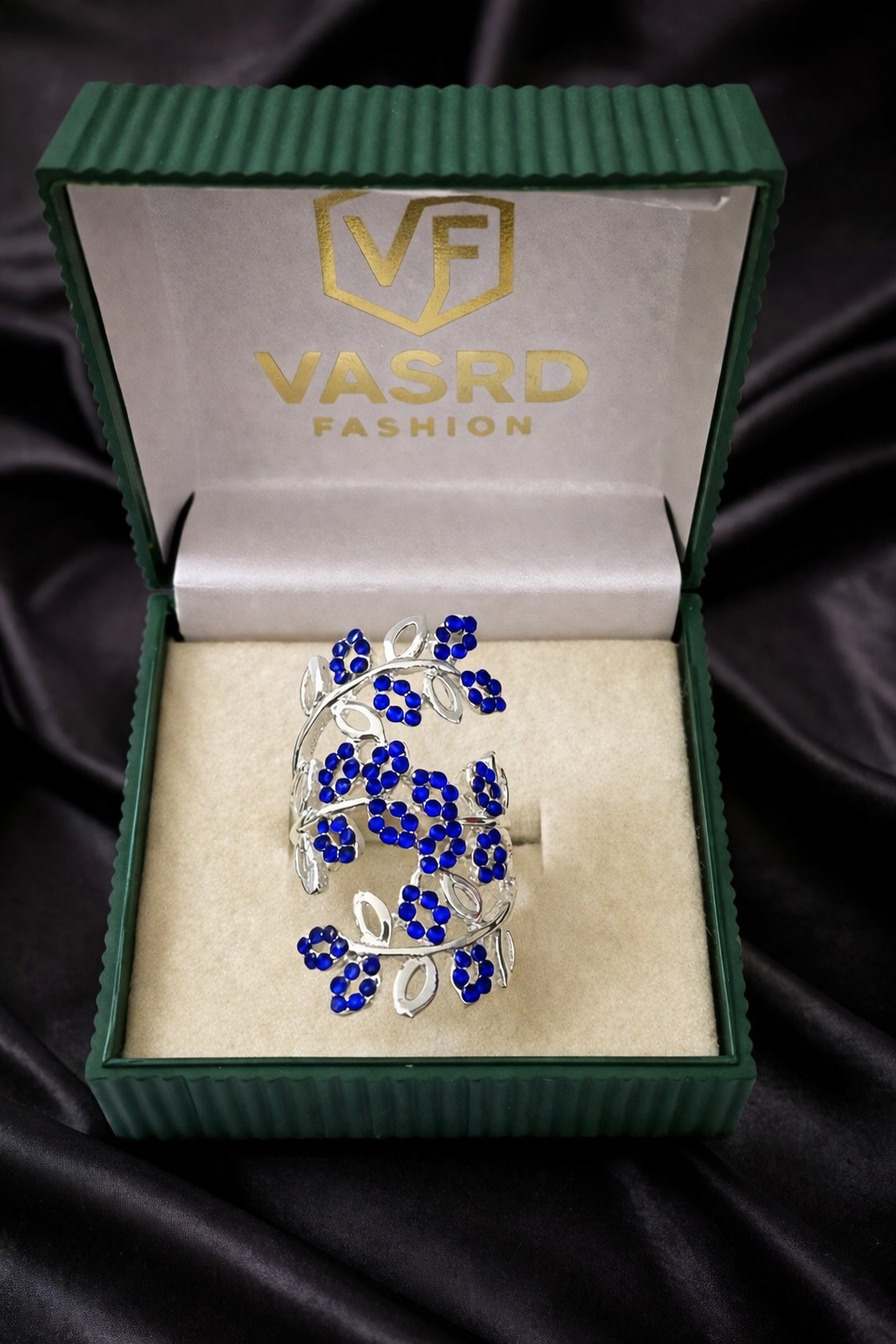 Blue Floral Vine Crystal Statement Ring
