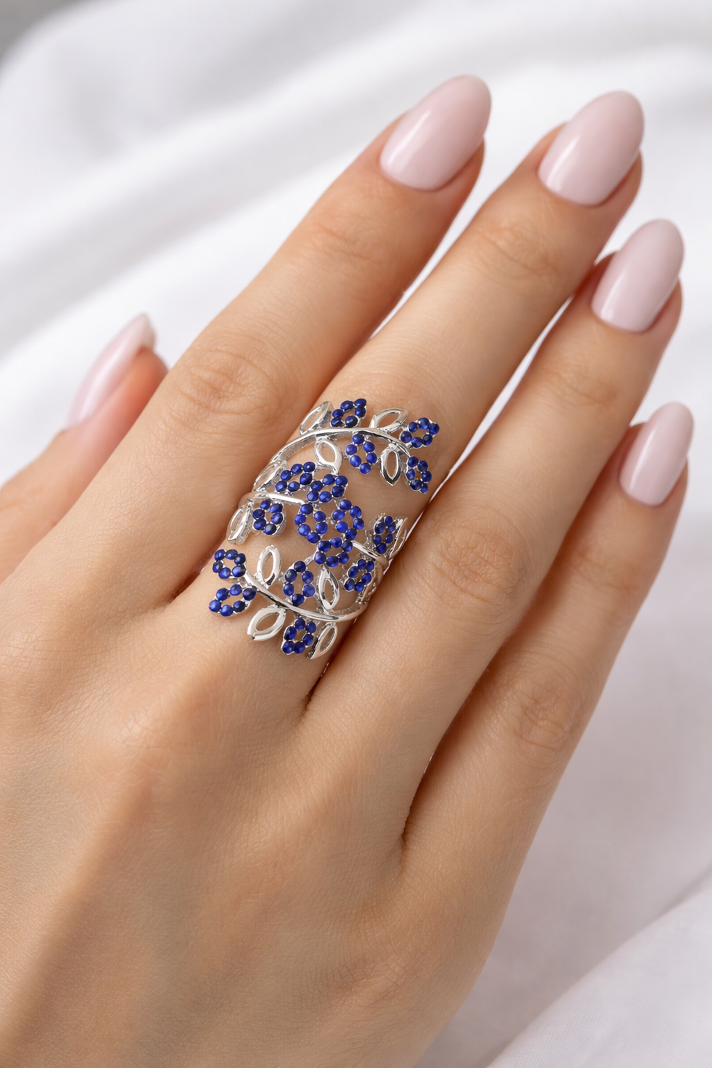 Blue Floral Vine Crystal Statement Ring