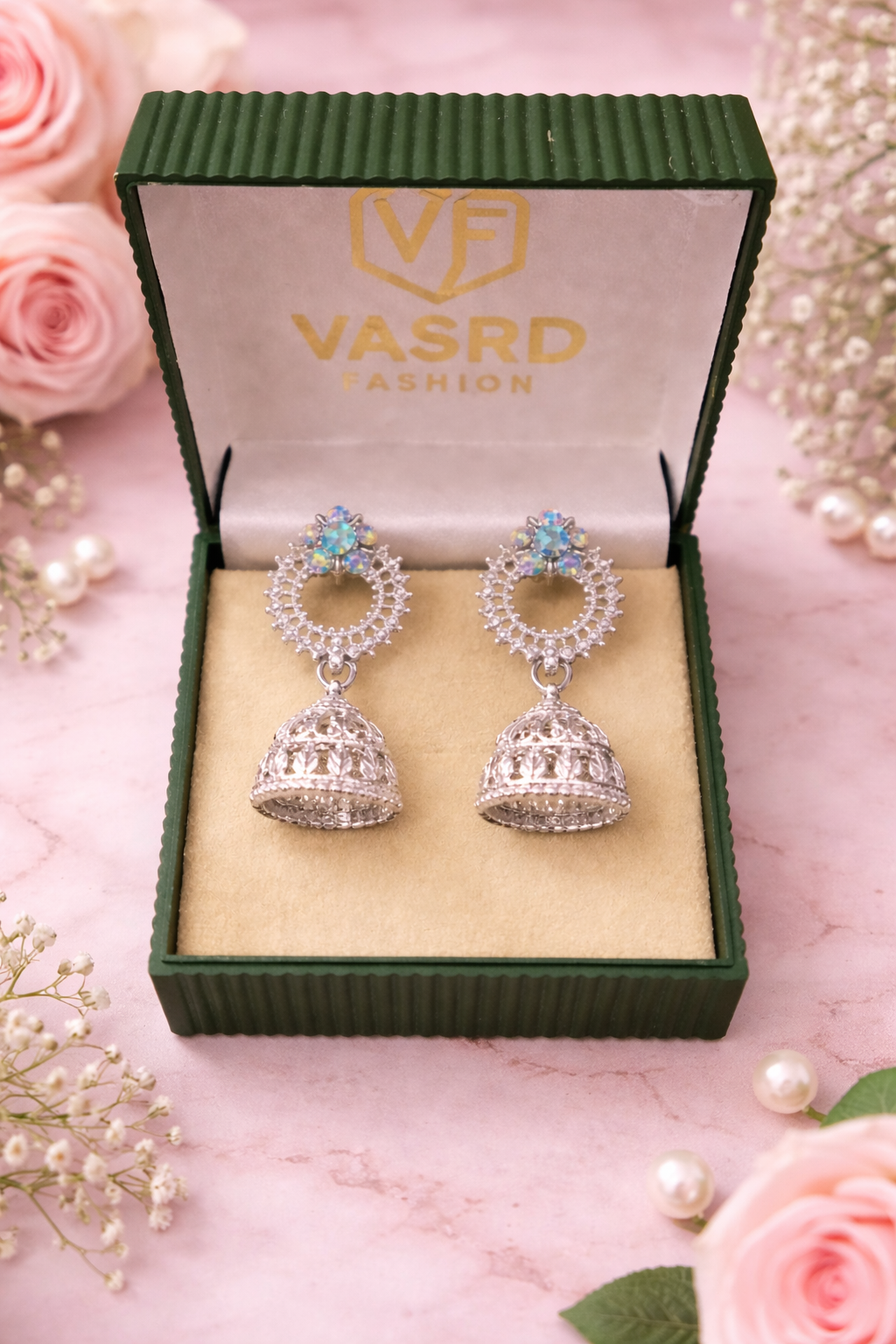 Elegant Silver Opal Stone Floral Jhumka Earrings for Women