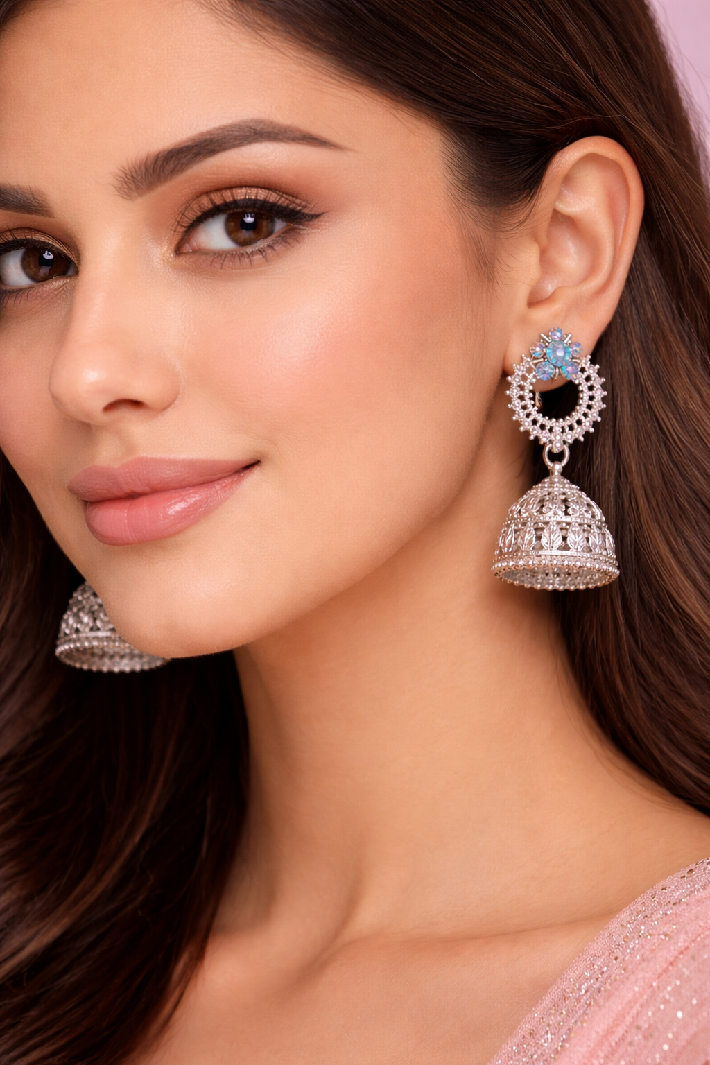 Elegant Silver Opal Stone Floral Jhumka Earrings for Women