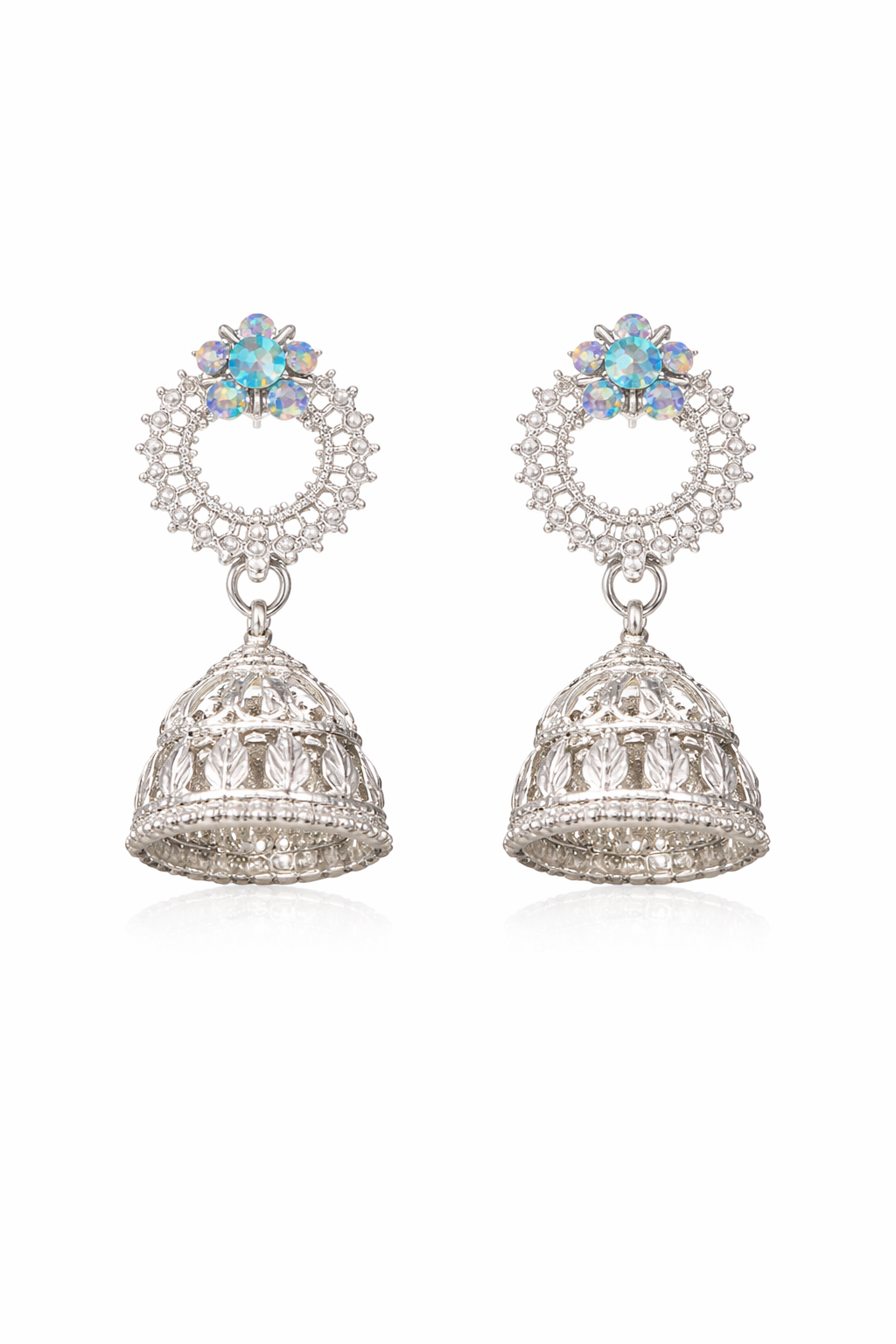 Elegant Silver Opal Stone Floral Jhumka Earrings for Women