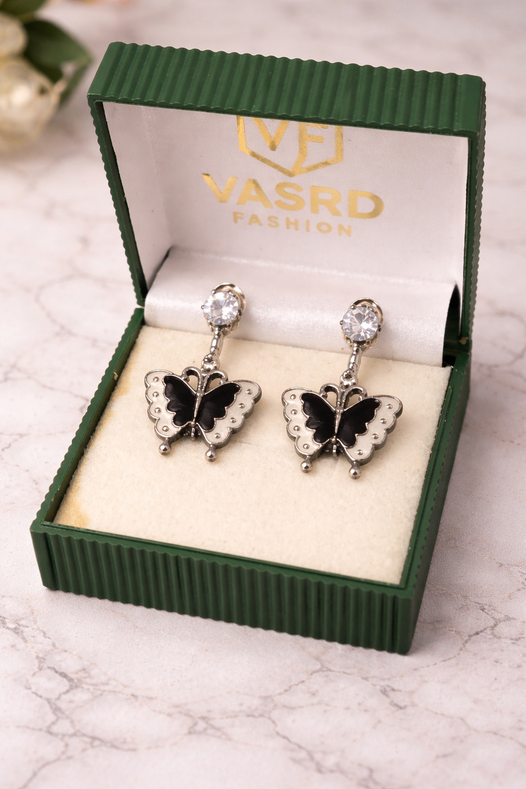 Silver Tone Black Enamel Butterfly Drop Earrings with Crystal Stud