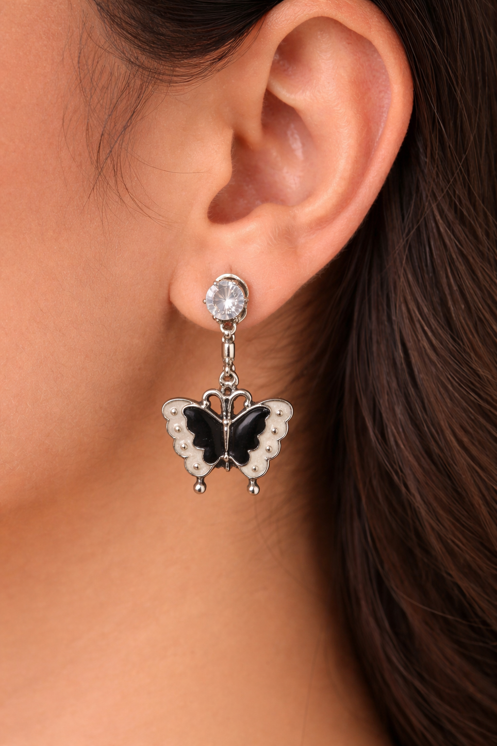 Silver Tone Black Enamel Butterfly Drop Earrings with Crystal Stud