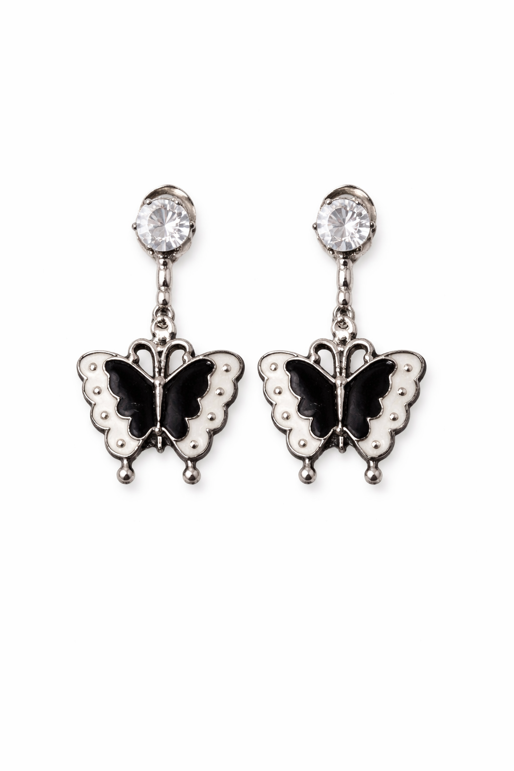 Silver Tone Black Enamel Butterfly Drop Earrings with Crystal Stud