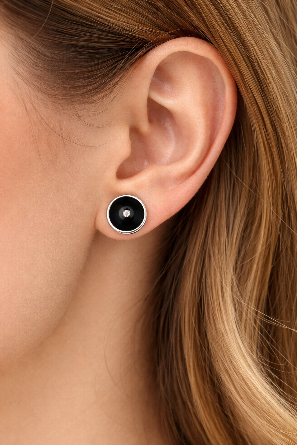 Minimalist Black Round Stud Earrings with Center Stone