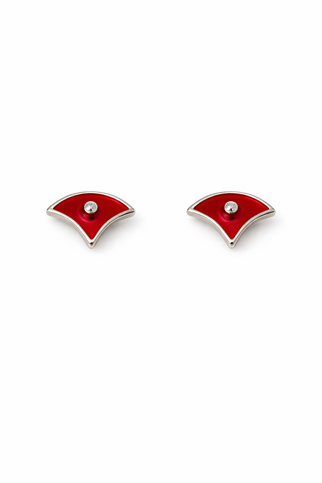 Elegant Red Enamel Fan Stud Earrings with Crystal Center