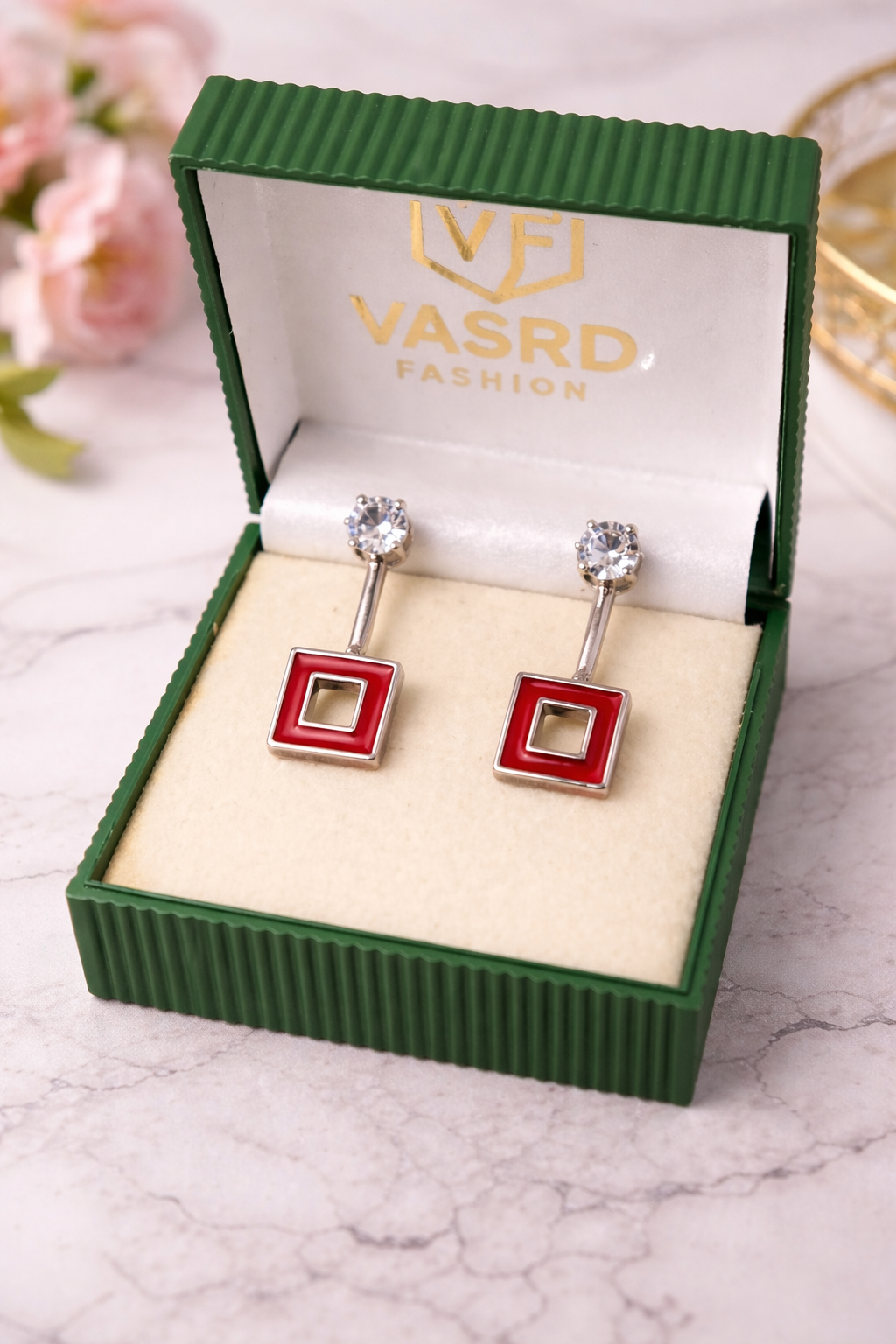 Red Square Geometric Drop Earrings with Crystal Studs