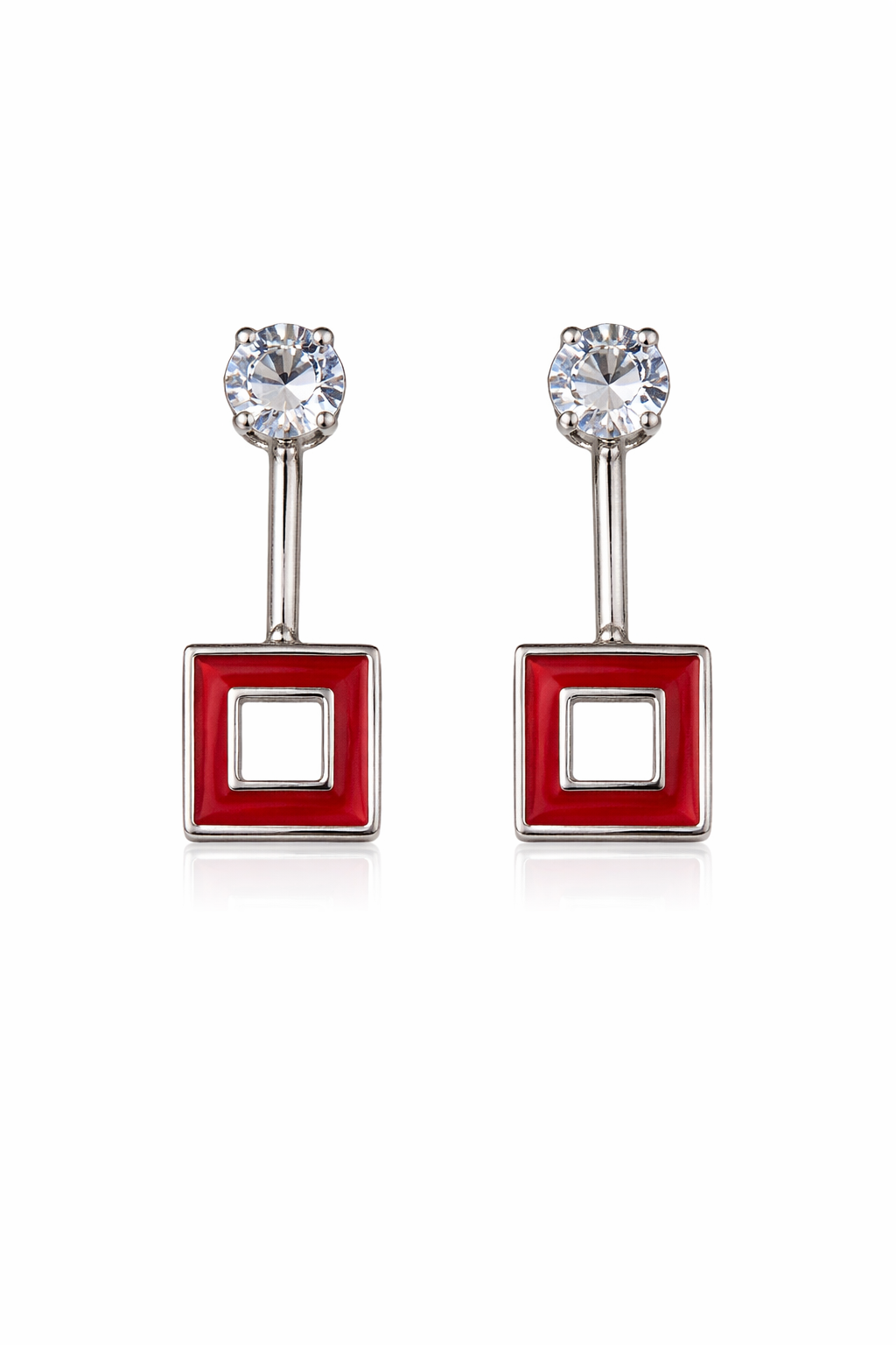 Red Square Geometric Drop Earrings with Crystal Studs