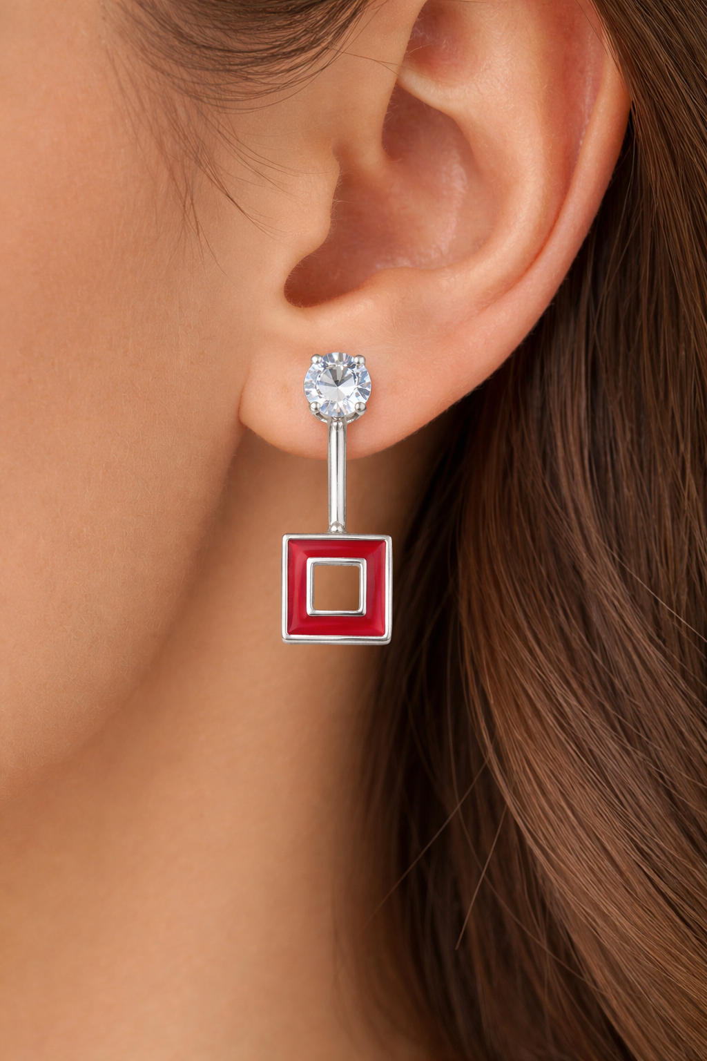 Red Square Geometric Drop Earrings with Crystal Studs