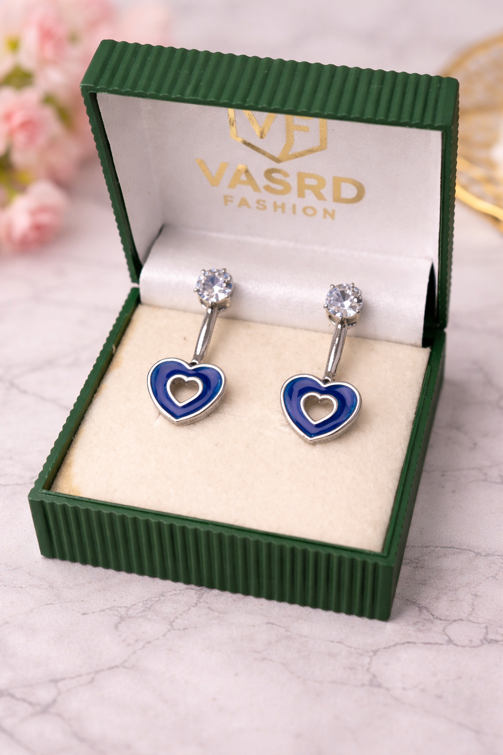 Blue Heart Drop Earrings with Crystal Studs