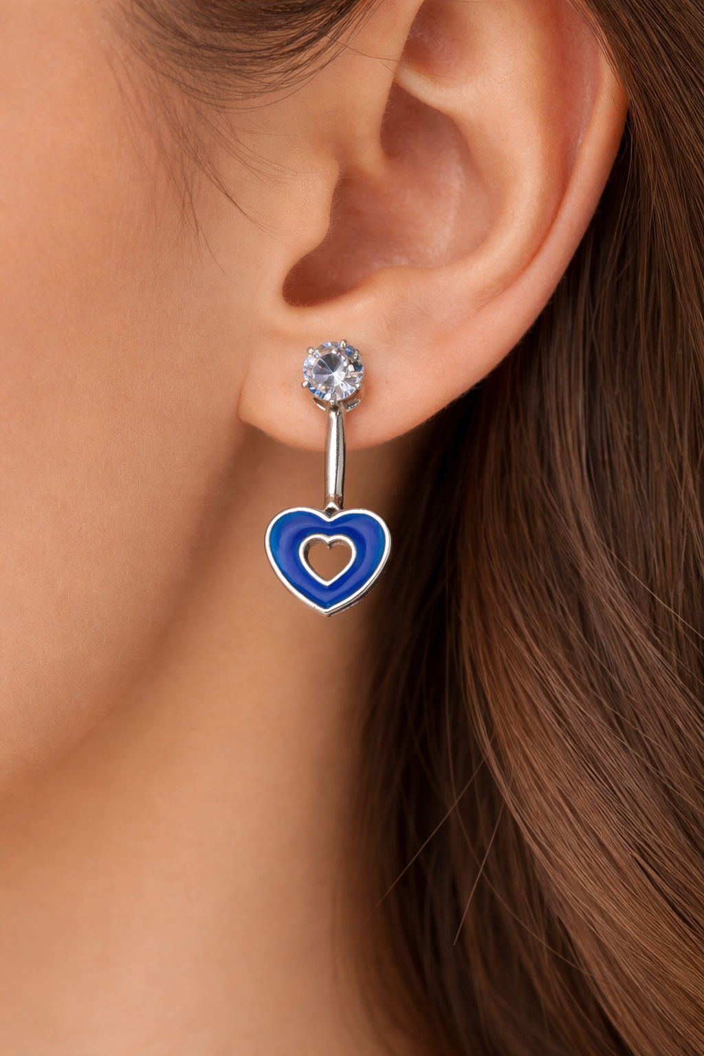 Blue Heart Drop Earrings with Crystal Studs
