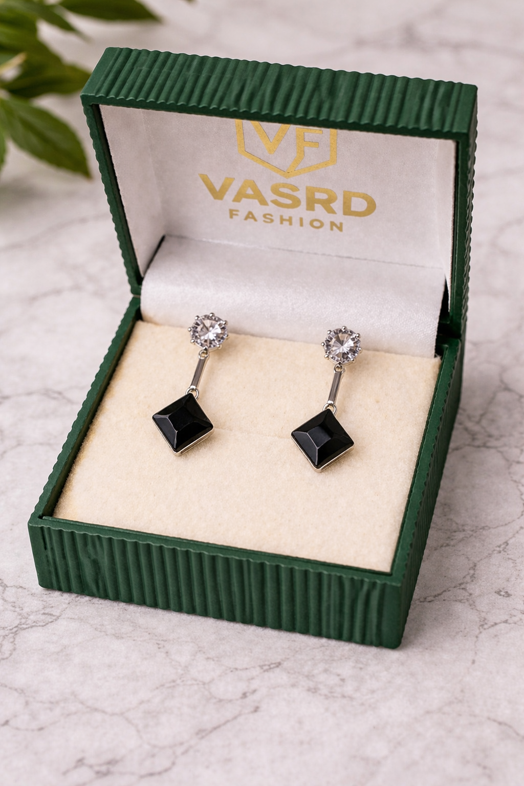 Black Square Drop Earrings with Crystal Studs