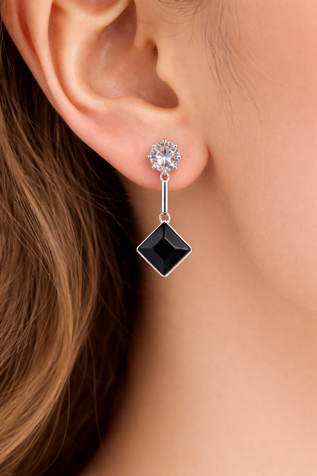 Black Square Drop Earrings with Crystal Studs