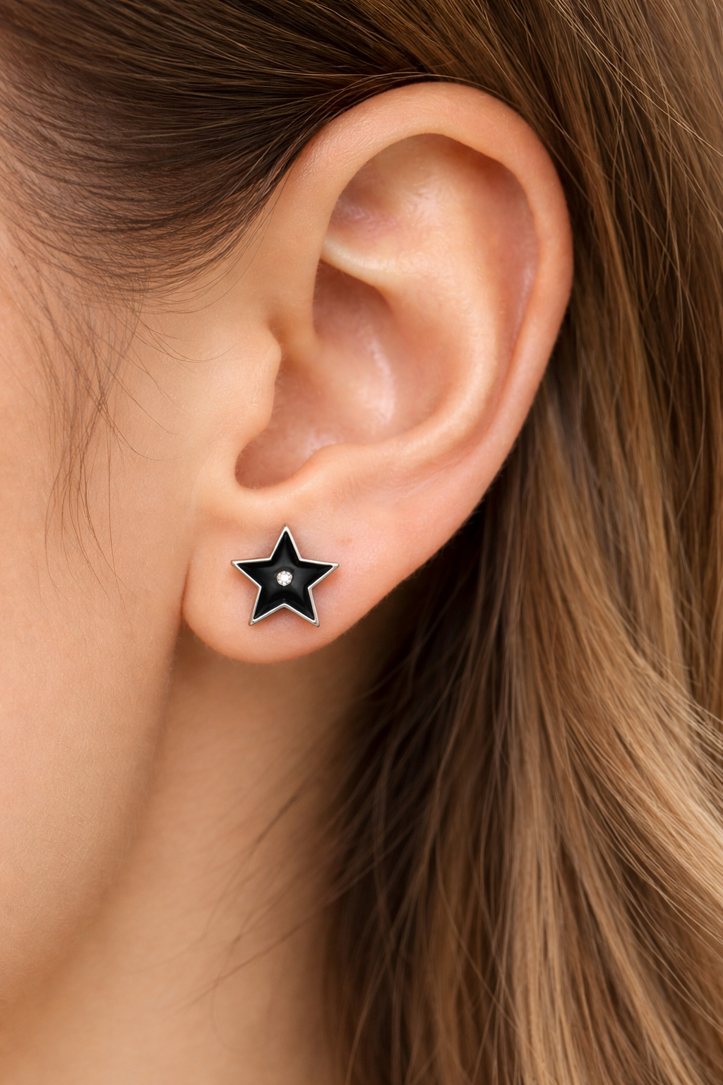 Elegant Black Star Stud Earrings with Center Stone