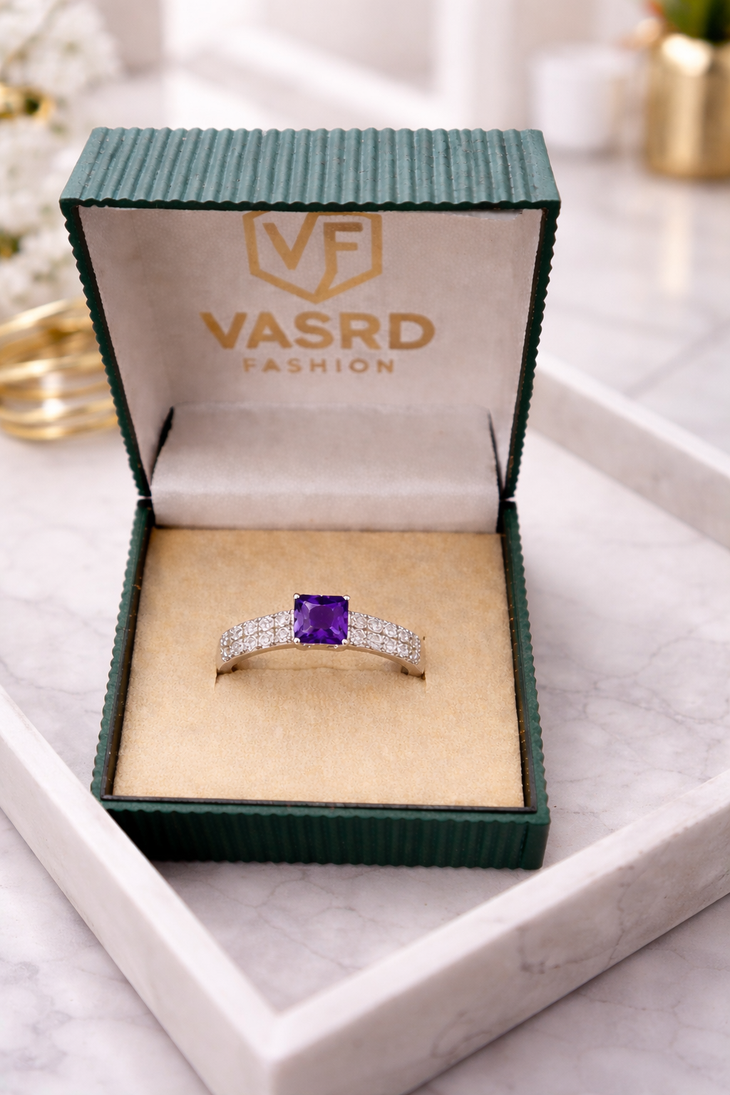 Elegant Cushion-Cut Amethyst Ring with Diamond-Studded Band