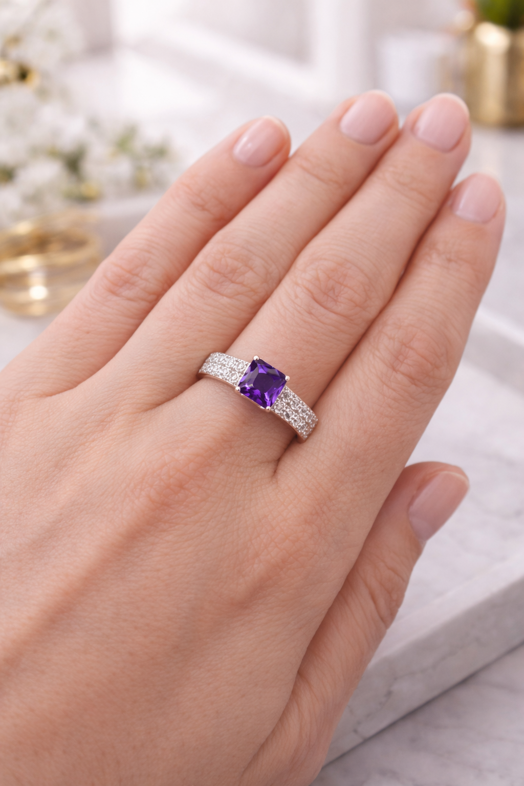 Elegant Cushion-Cut Amethyst Ring with Diamond-Studded Band