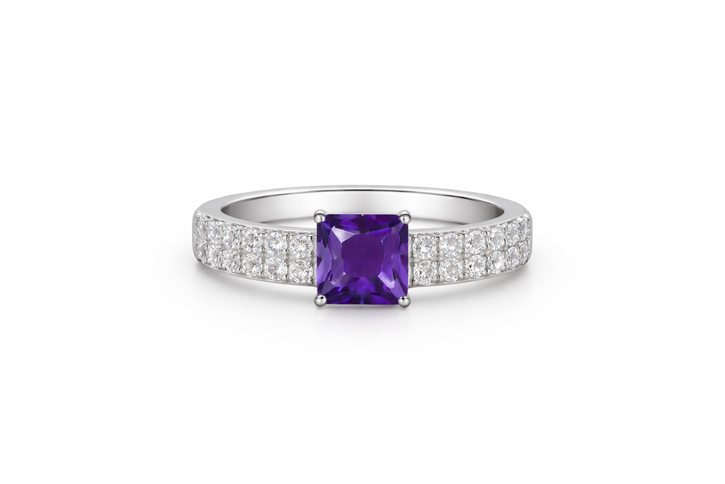 Elegant Cushion-Cut Amethyst Ring with Diamond-Studded Band