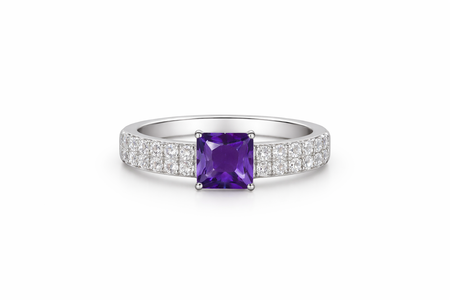 Elegant Cushion-Cut Amethyst Ring with Diamond-Studded Band