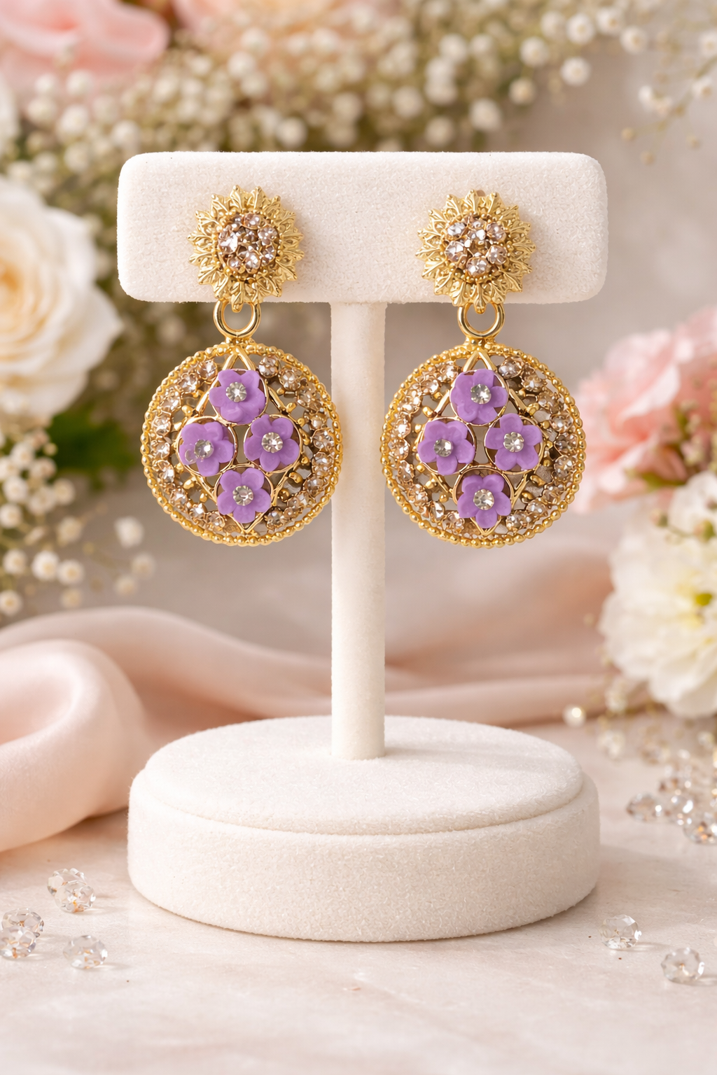 Royal Gold Floral Crystal Drop Earrings