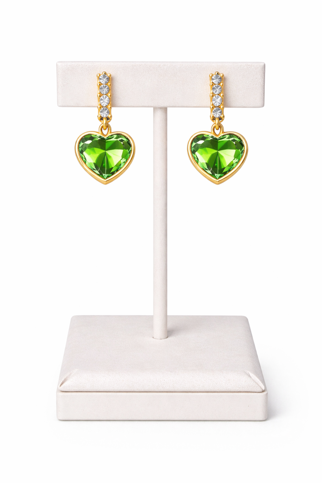 Parrot Green Heart Crystal Drop Earrings with Gold Finish