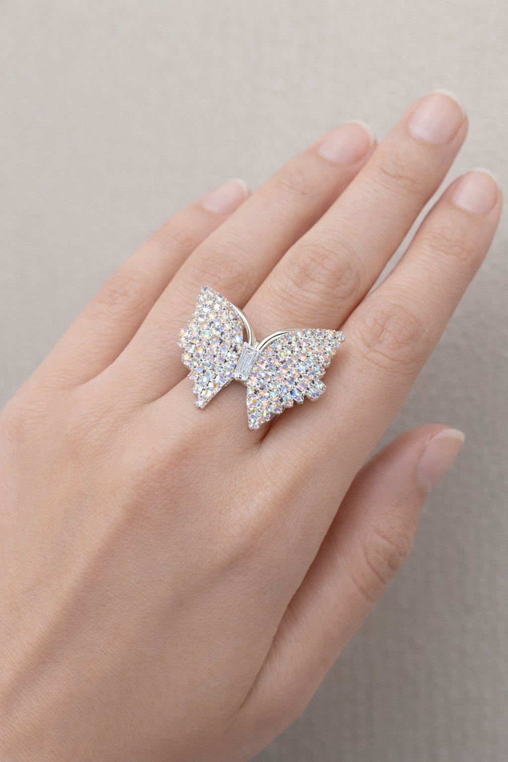 Elegant Sparkling Butterfly Statement Ring in Silver Finish