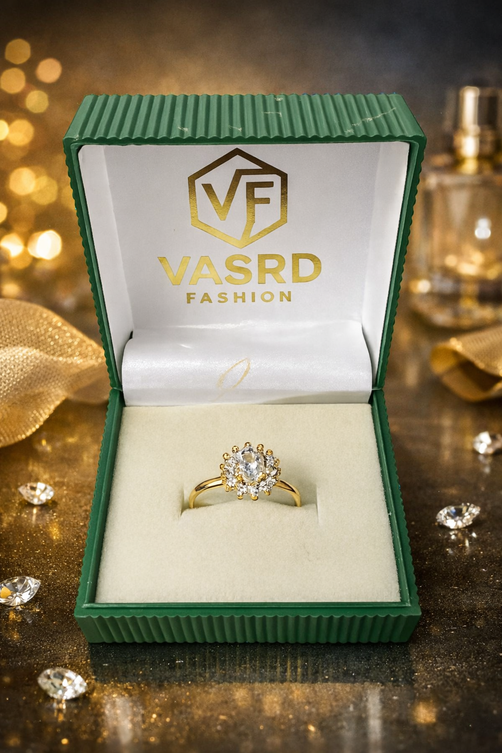 Elegant Oval Halo Diamond Ring on Blush Silk Background