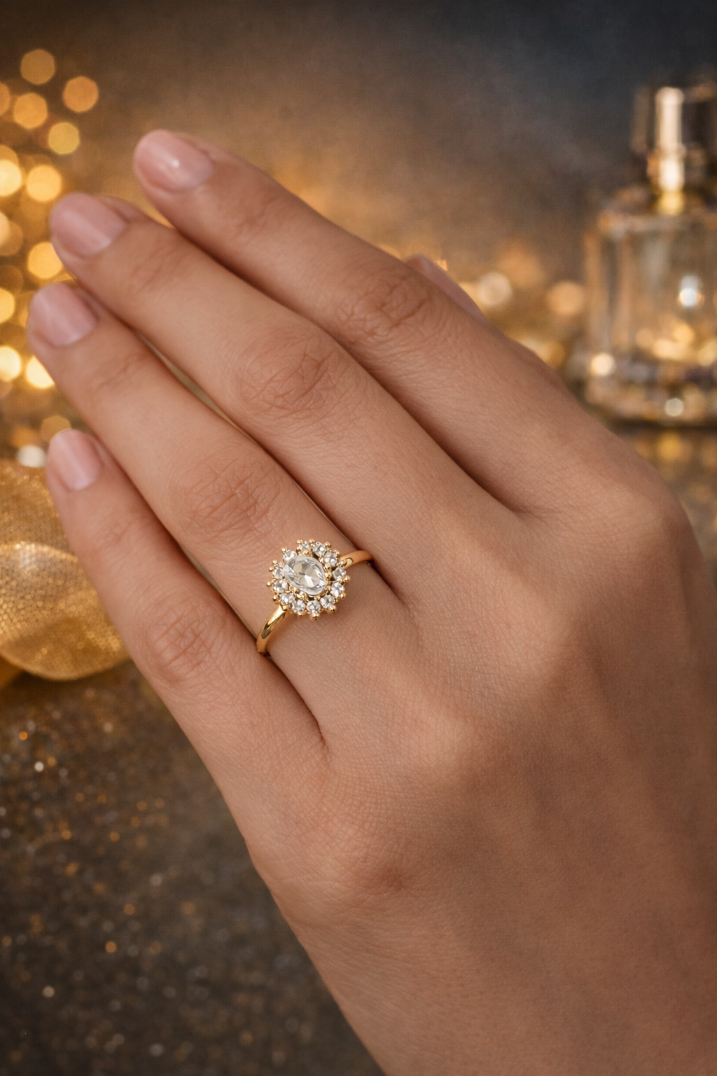 Elegant Oval Halo Diamond Ring on Blush Silk Background