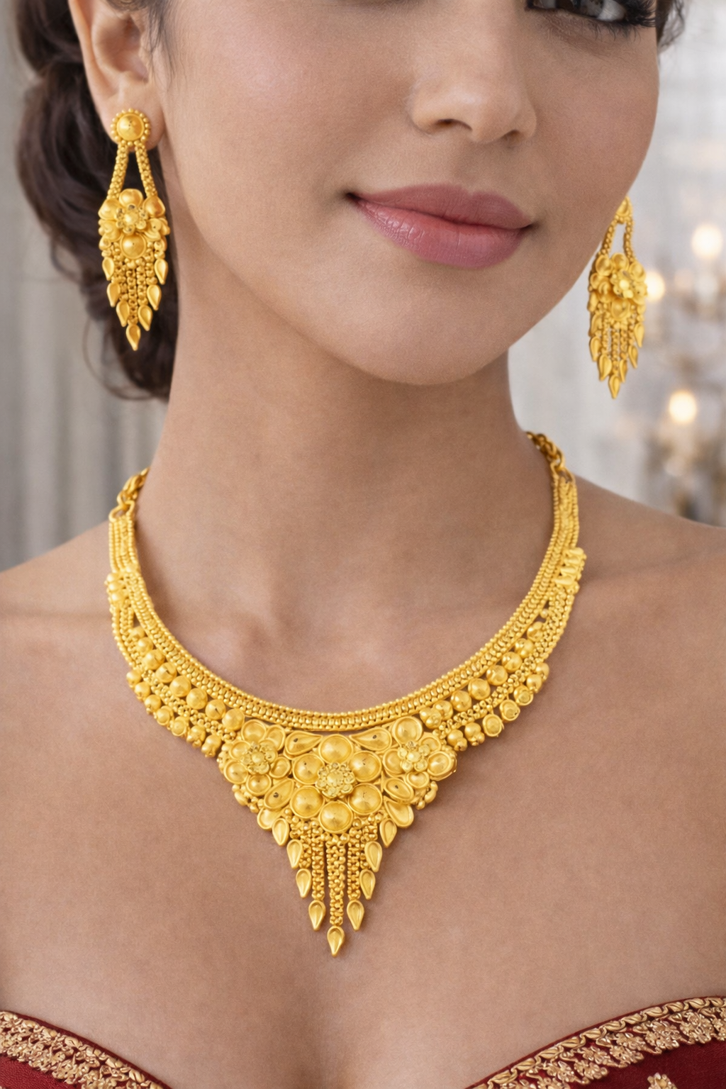 Majestic Floral Cascade Gold Necklace Set
