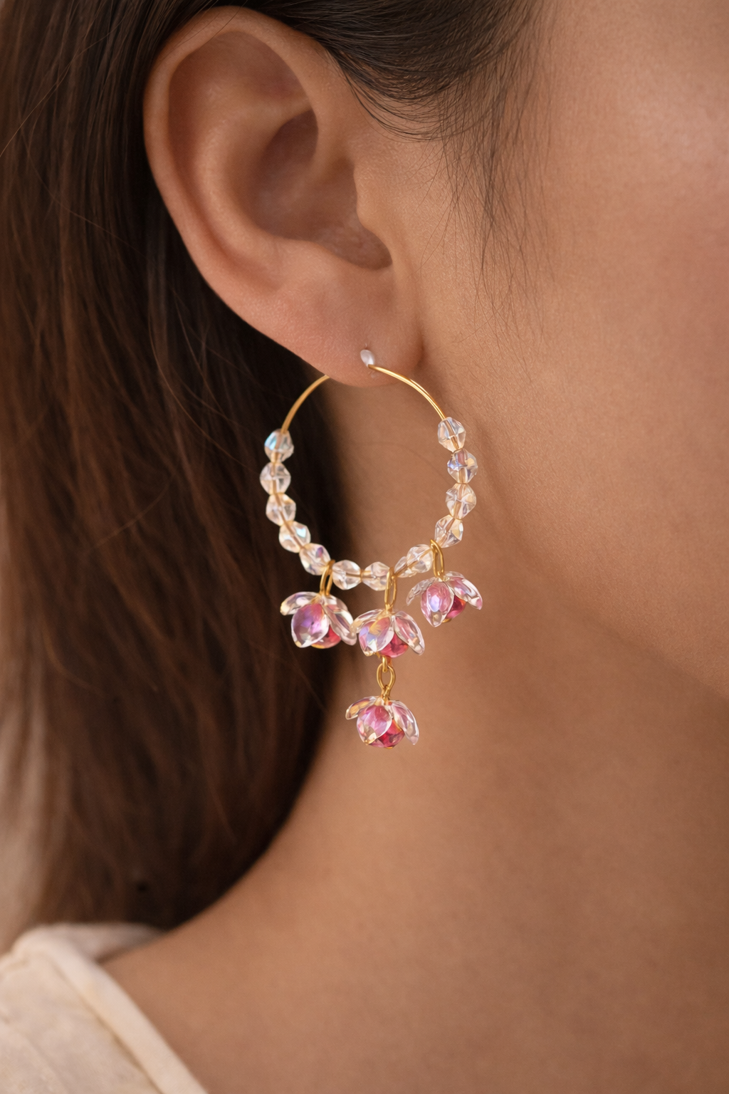 Elegant Pink Crystal Floral Hoop Earrings