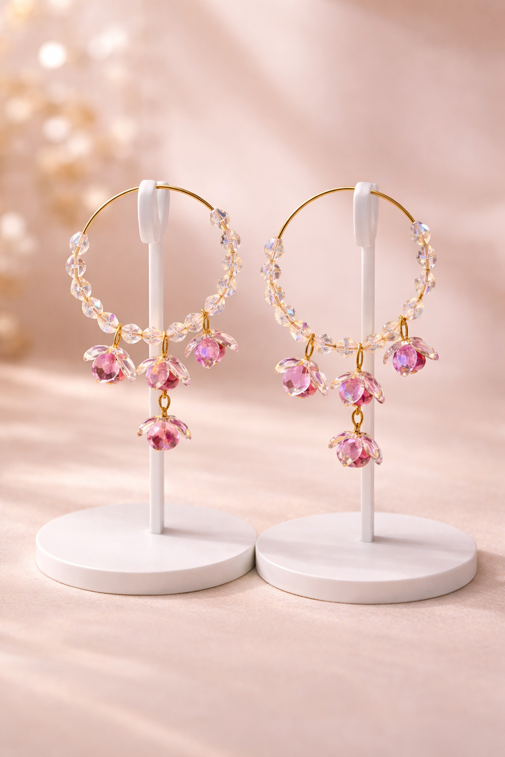 Elegant Pink Crystal Floral Hoop Earrings