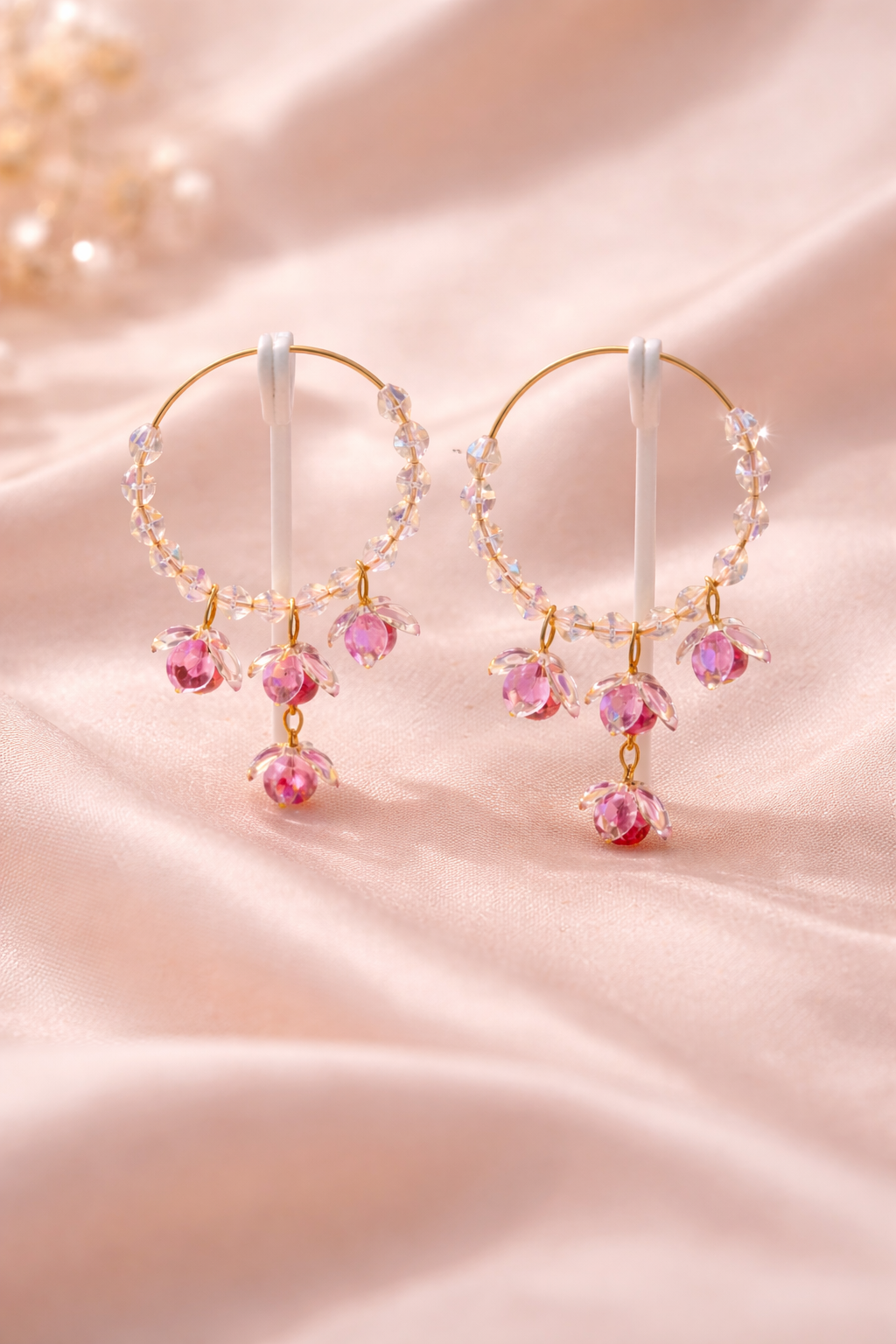 Elegant Pink Crystal Floral Hoop Earrings