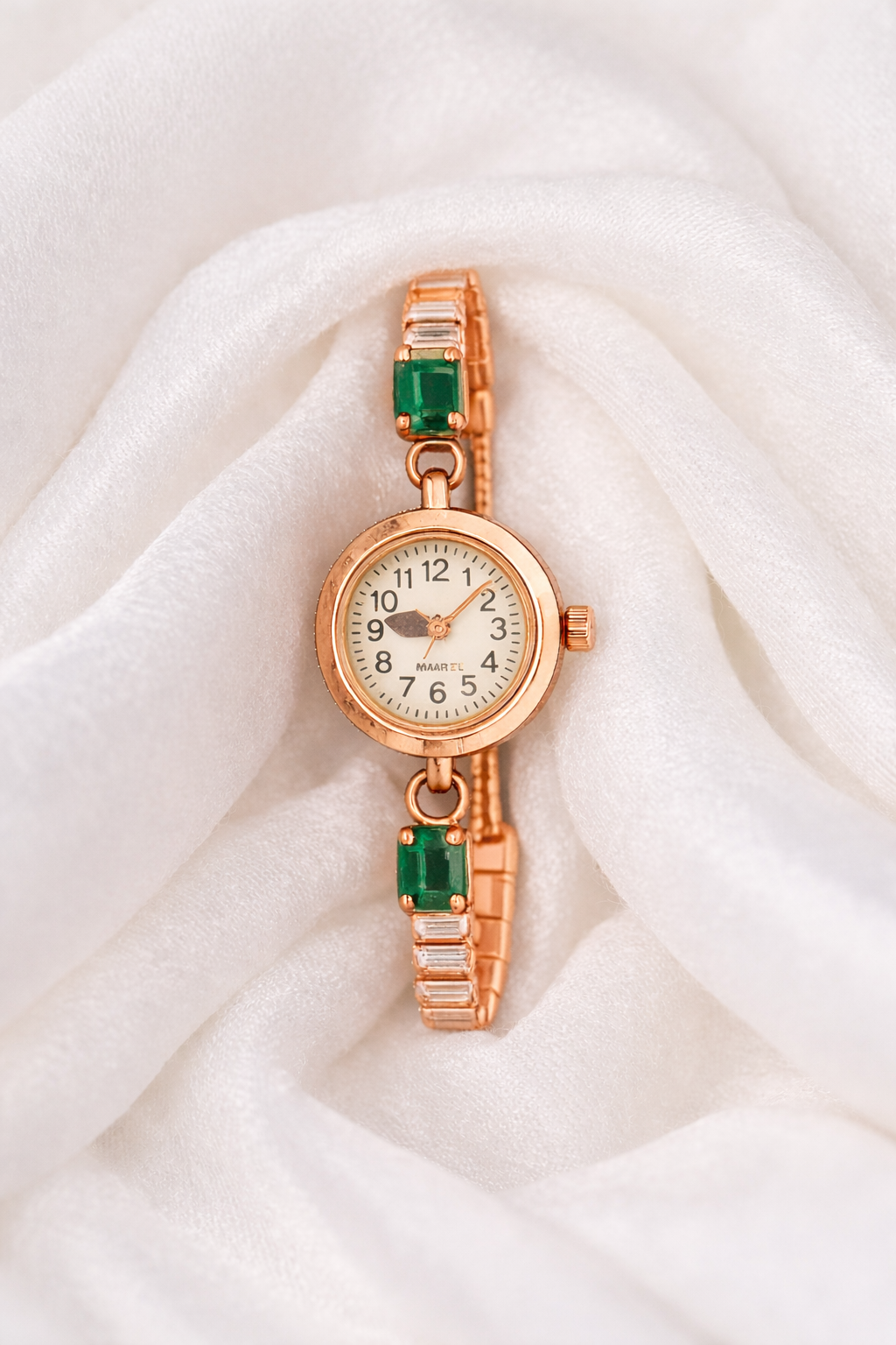 Elegant Rose Gold Bracelet Watch with Green Crystal