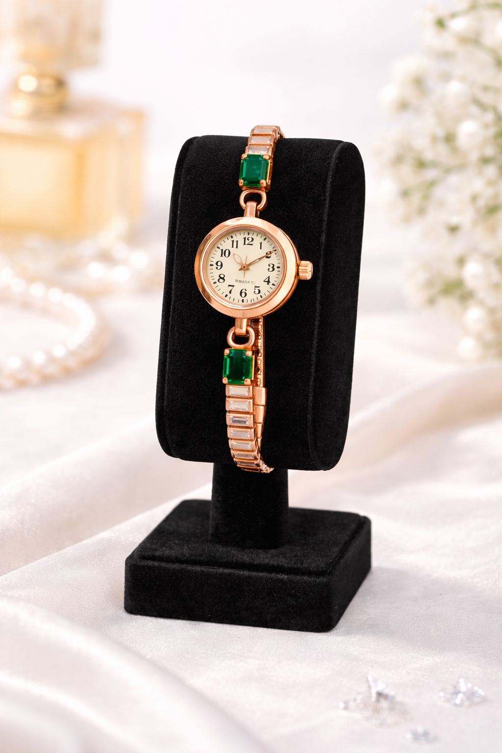 Elegant Rose Gold Bracelet Watch with Green Crystal