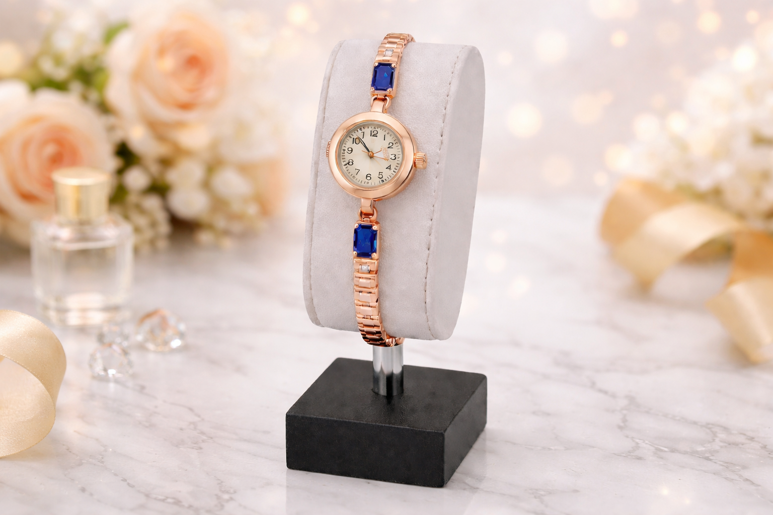 Elegant Rose Gold Women’s Bracelet Watch with Blue Crystal Accents