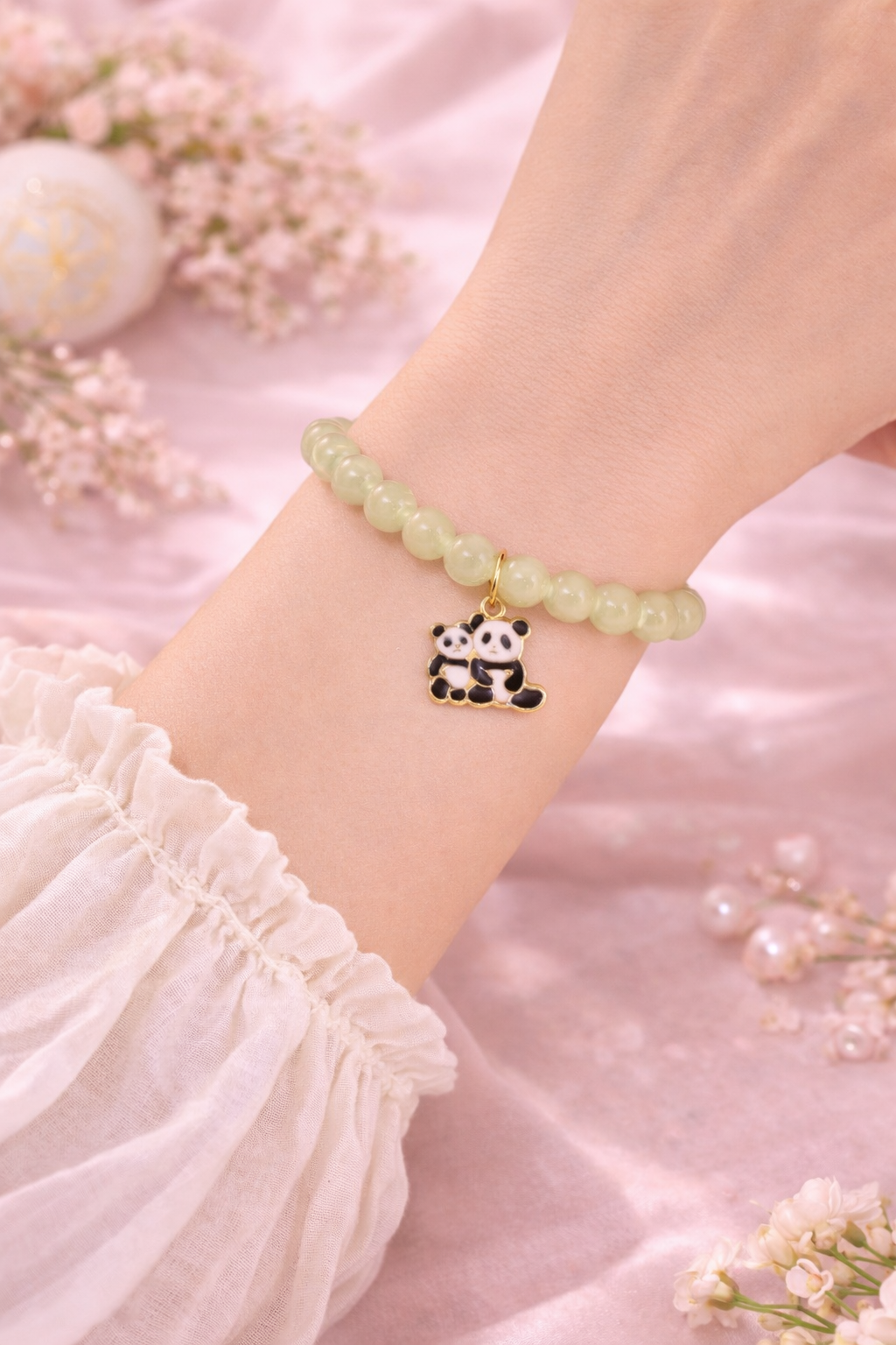 Light Green Beaded Bracelet with Panda Charm