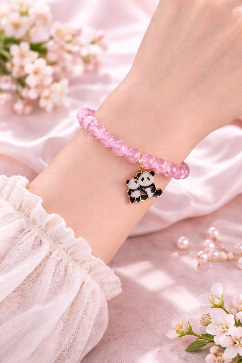 Pink Glass Beaded Bracelet with Panda Charm